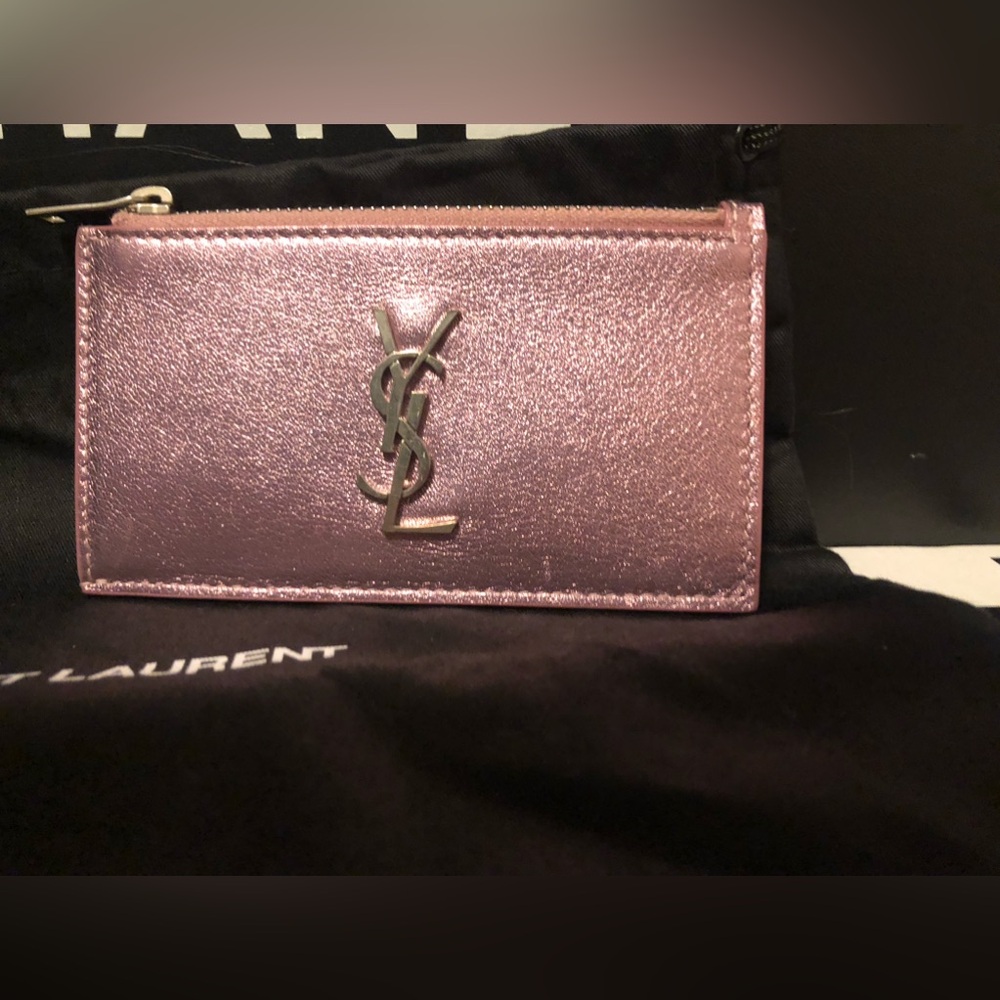 YSL Saint Laurent Pink Azalea Rare cardholder Wallet Zip Silver Metallic